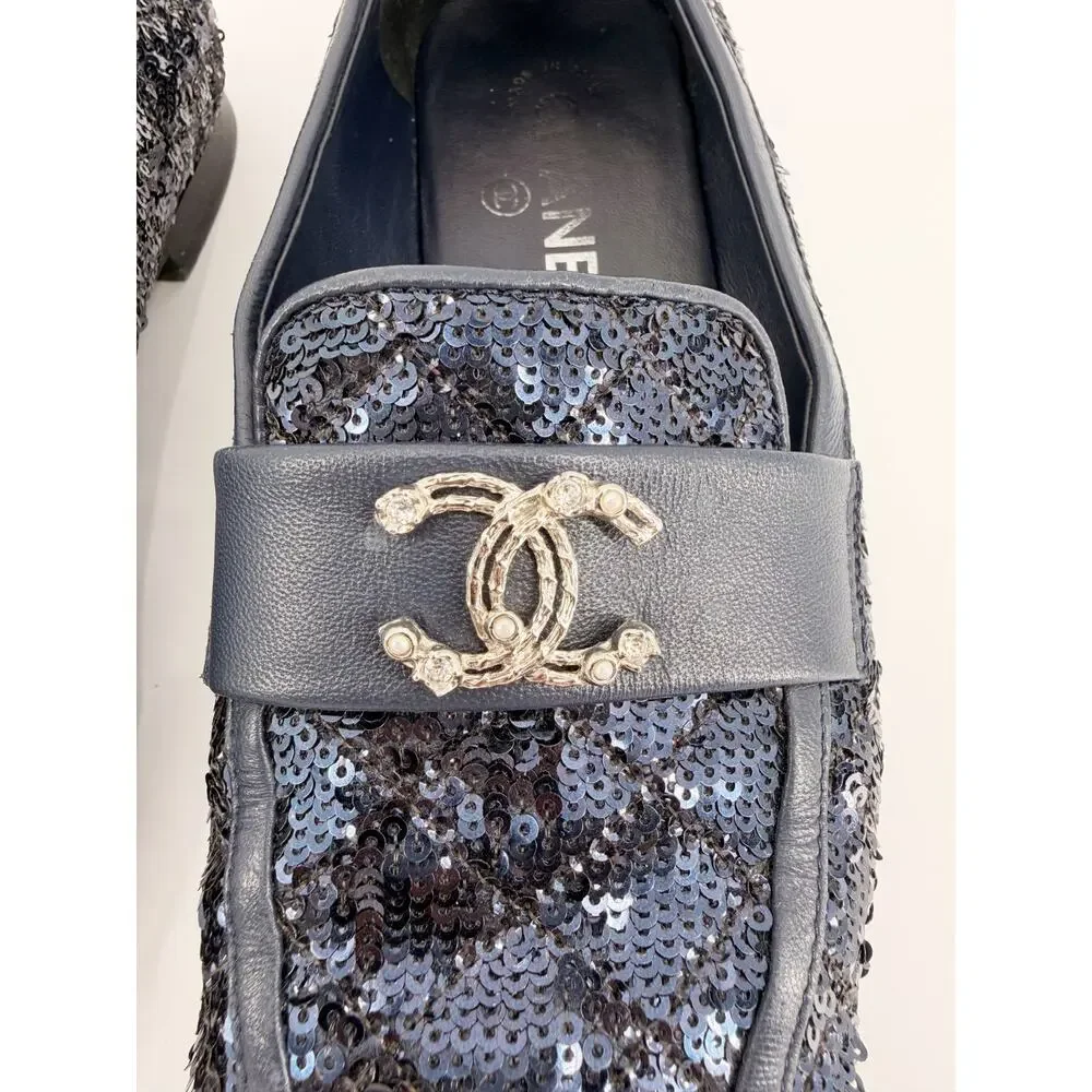 Chanel Navy Black Sequin CC Logo Slipper Loafer Flats Shoes Size 37 EU 6.5